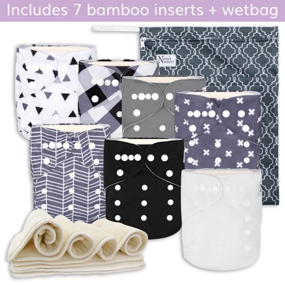 LOT OF 7 *UNWORN* Reusable Cloth Diapers - Nora's Nursery - "Black & White Geo"